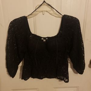 Haute Monde Elbow Length Sleeve Stretch Lace Crop Top